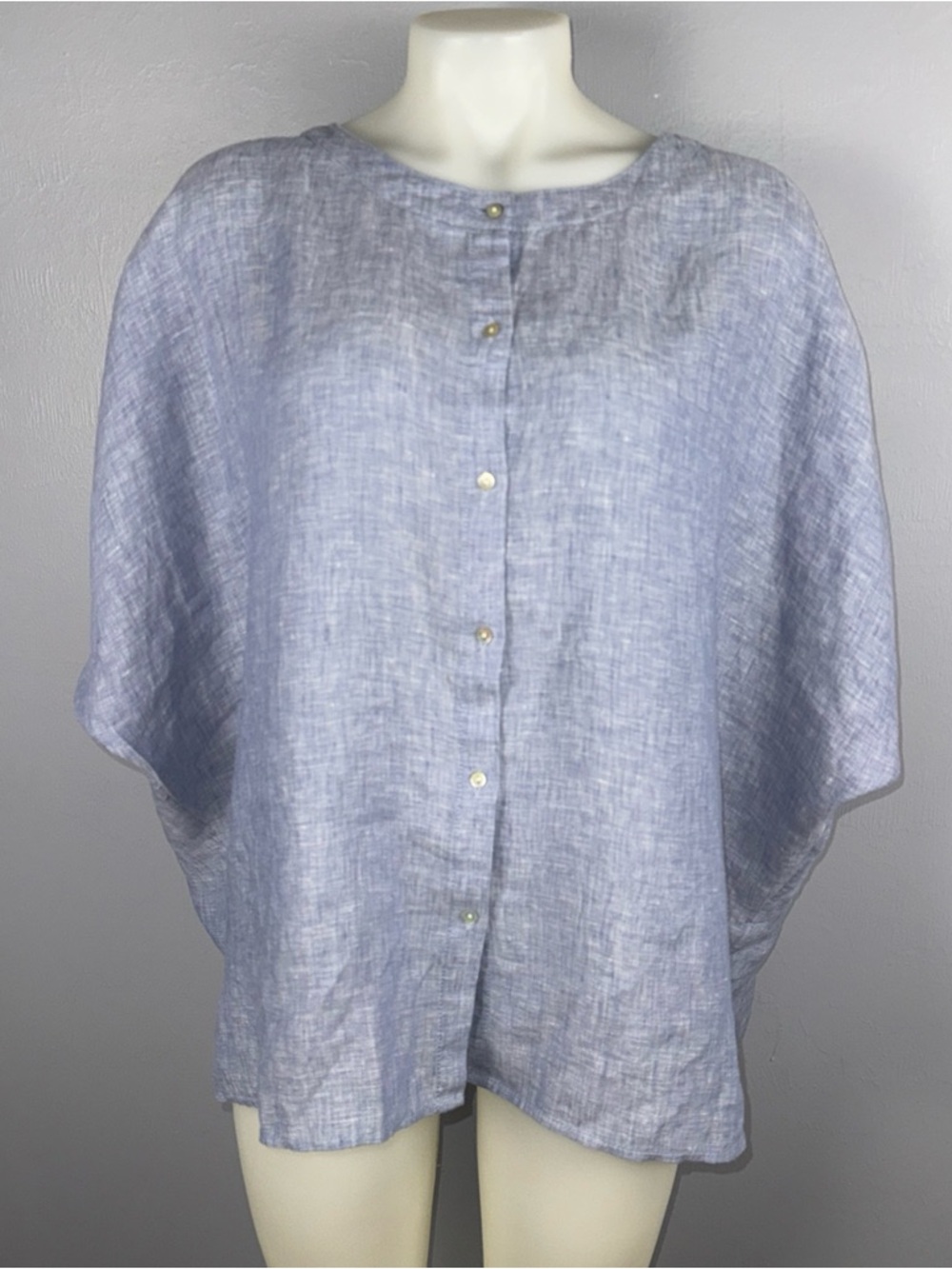 Tahari Blouse Women's Small Blue Boxy 100% Linen Short Oversized Lagenlook